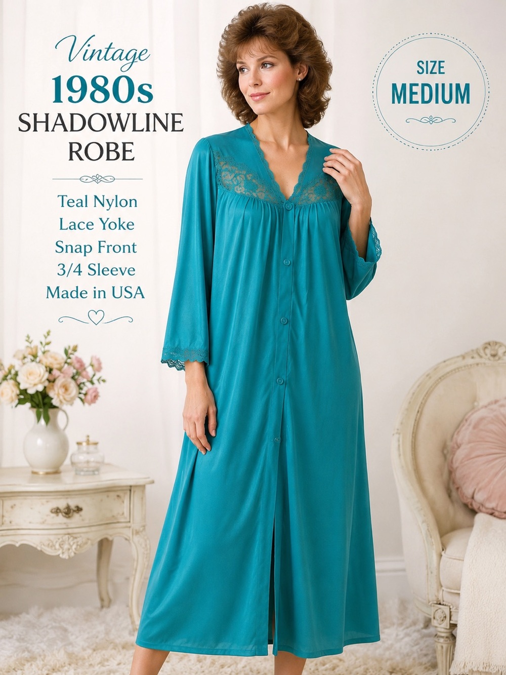 Vintage 1980s Shadowline Teal Blue Green Robe Medium Lace Snap Front Nylon USA